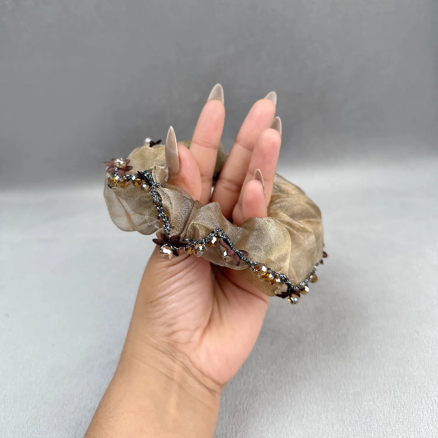 Designer Organza Scrunchie with Beads & Floral Accents – Medium Hair Tie