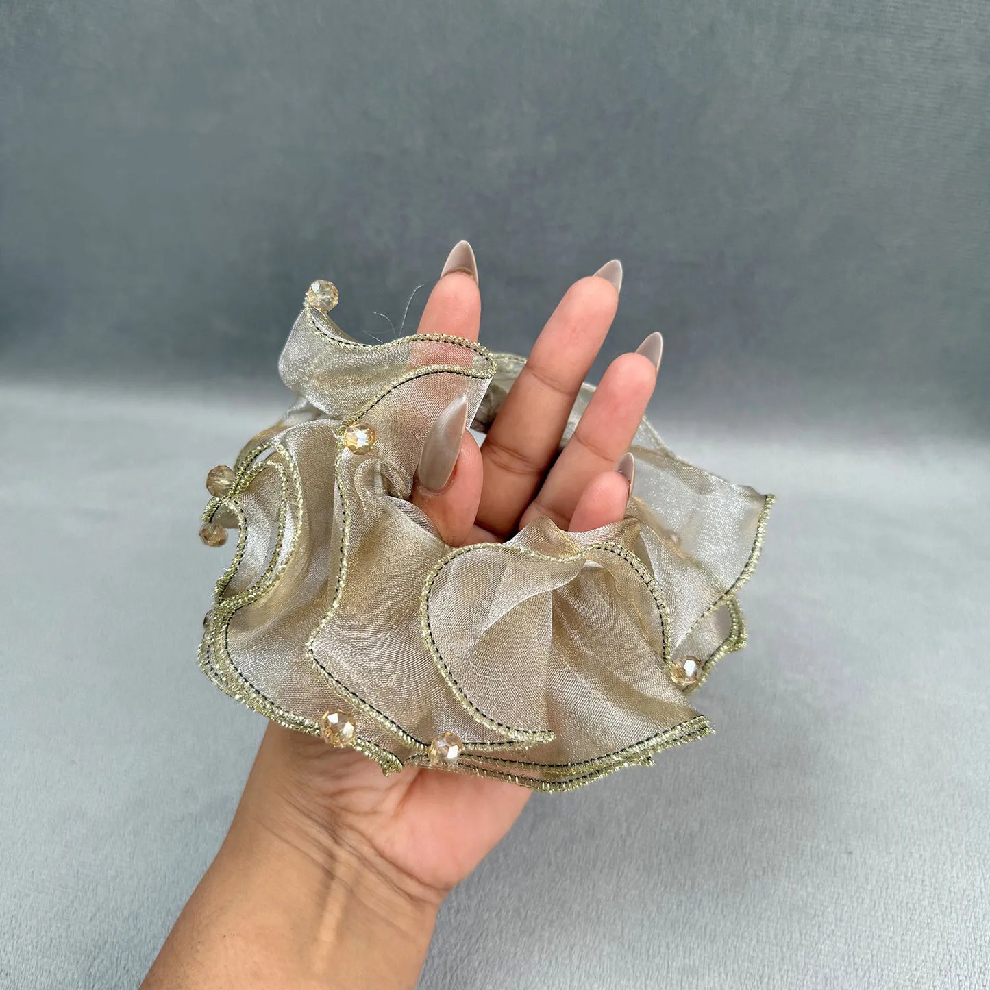 Golden Organza Scrunchie with Crystals – Medium Ruffle Ponytail Holder