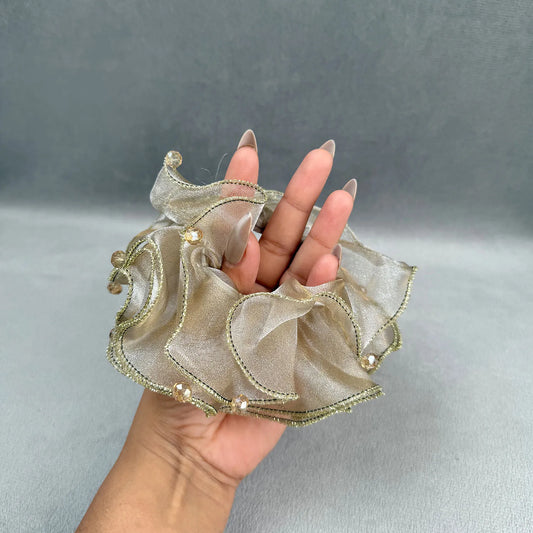 Golden Organza Scrunchie with Crystals – Medium Ruffle Ponytail Holder