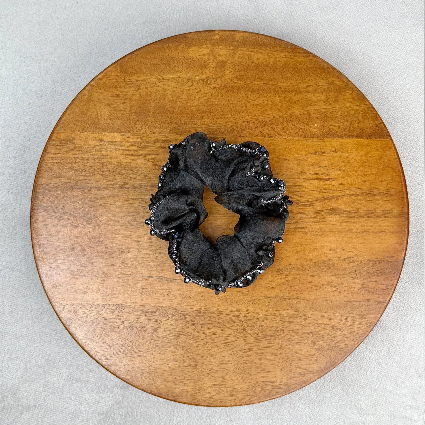 Designer Organza Scrunchie with Beads & Floral Accents – Medium Hair Tie