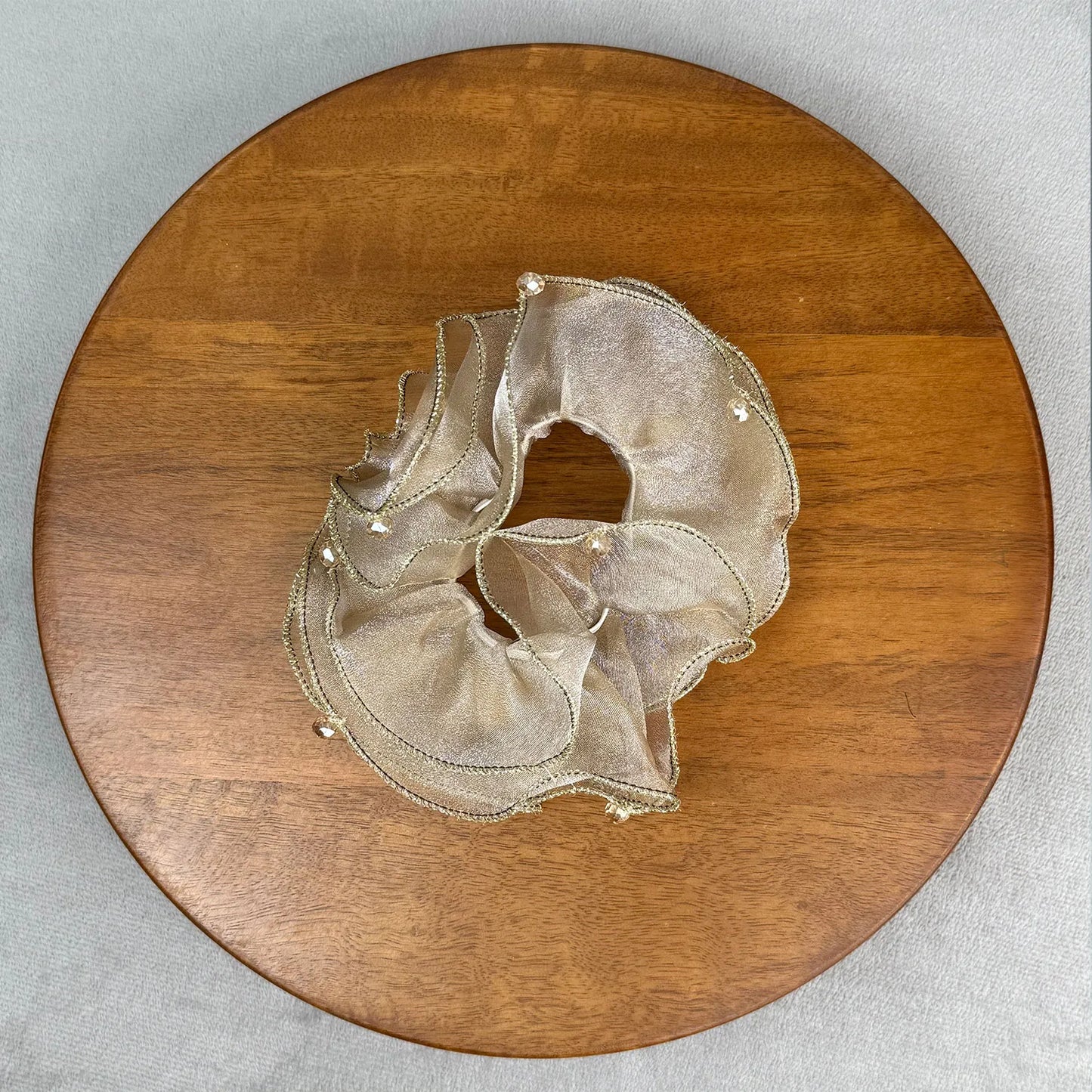 Golden Organza Scrunchie with Crystals – Medium Ruffle Ponytail Holder