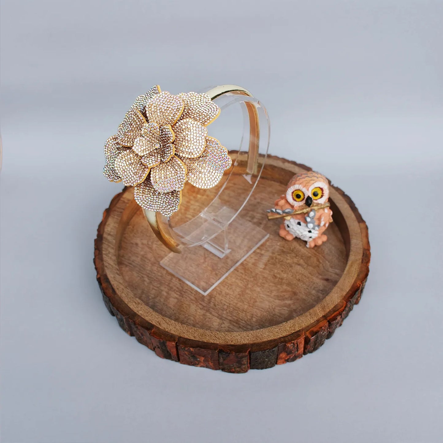 Handmade Embellished Flower Hairband – Golden Rhinestone Finish