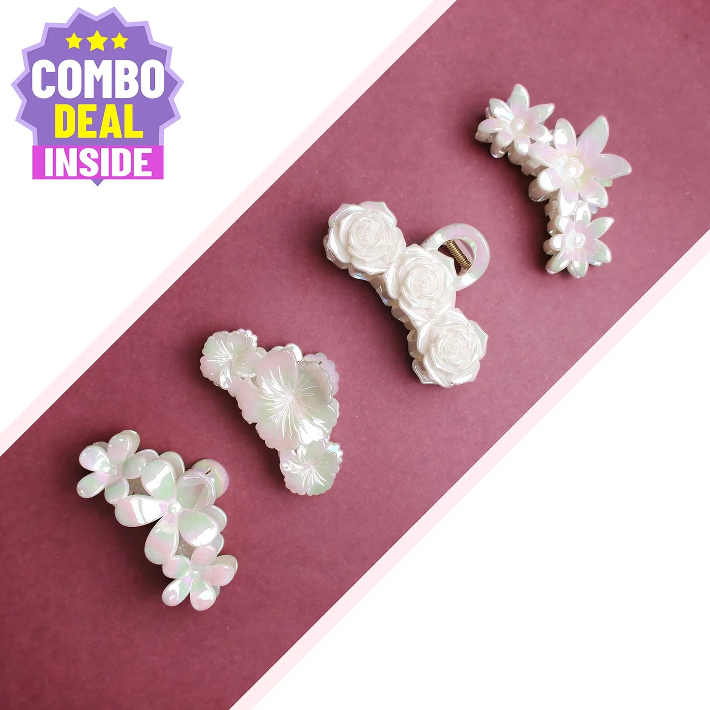 Large Korean Grade Nacre Finish Hair Clutcher – Floral Hair Claw Clip, Combo Deal