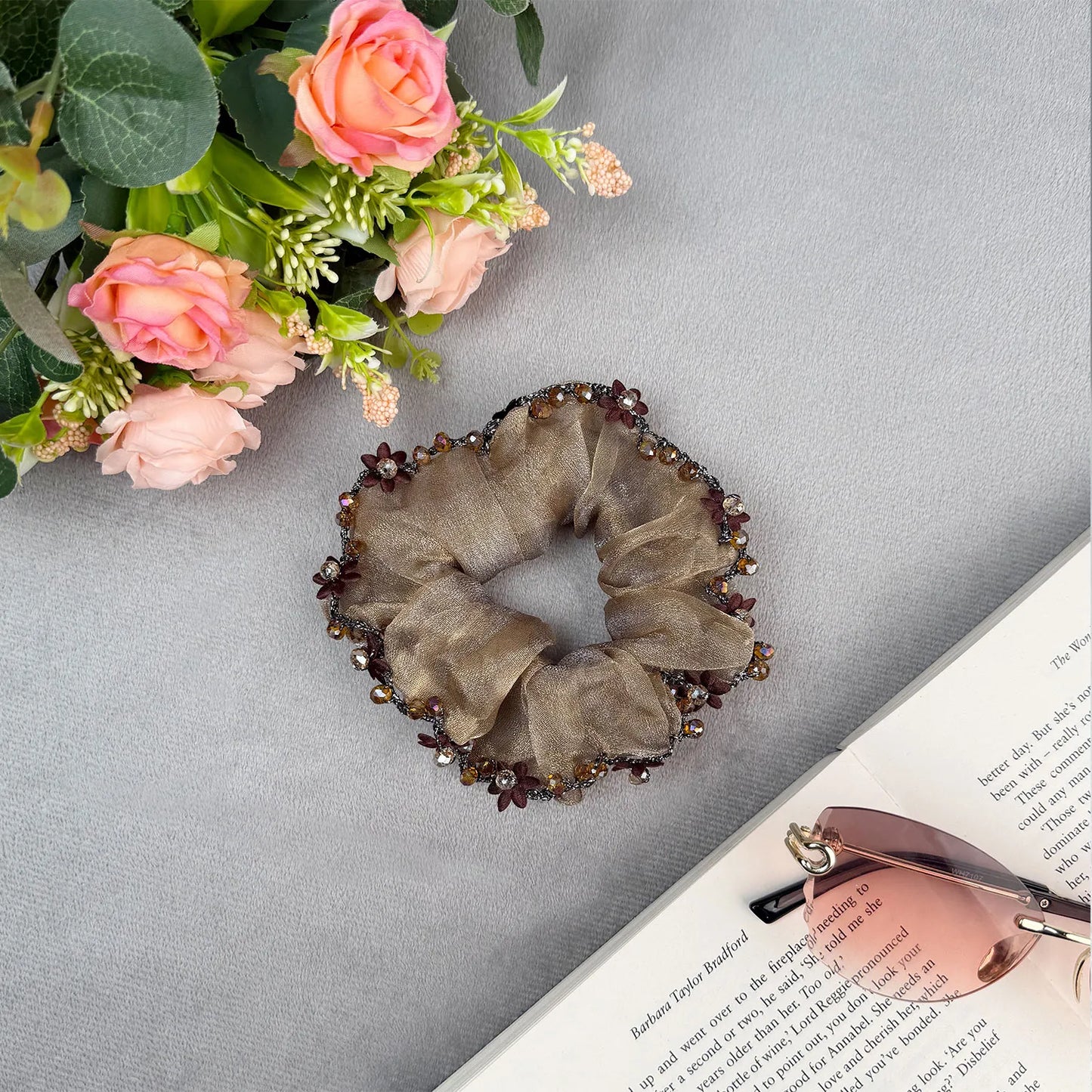 Designer Organza Scrunchie with Beads & Floral Accents – Medium Hair Tie
