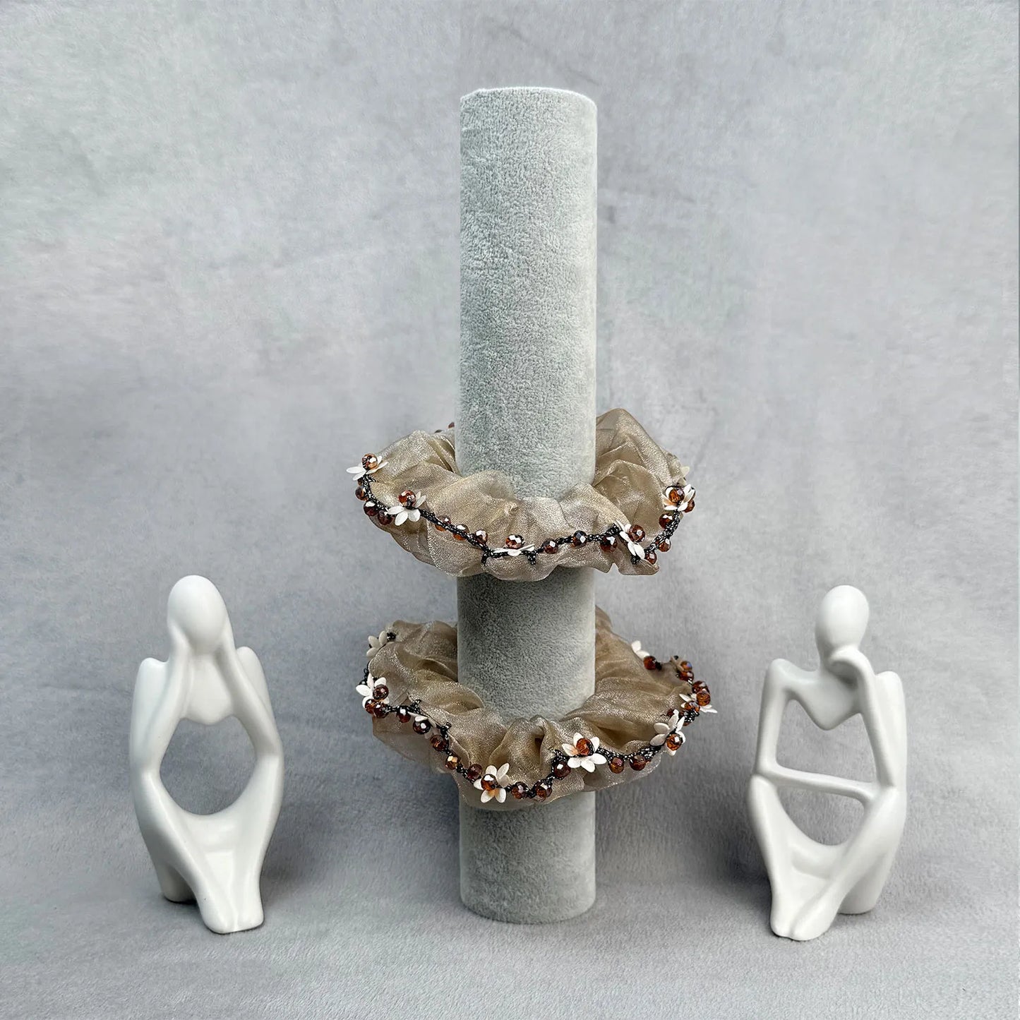 Designer Organza Scrunchie with Beads & Floral Accents – Medium Hair Tie