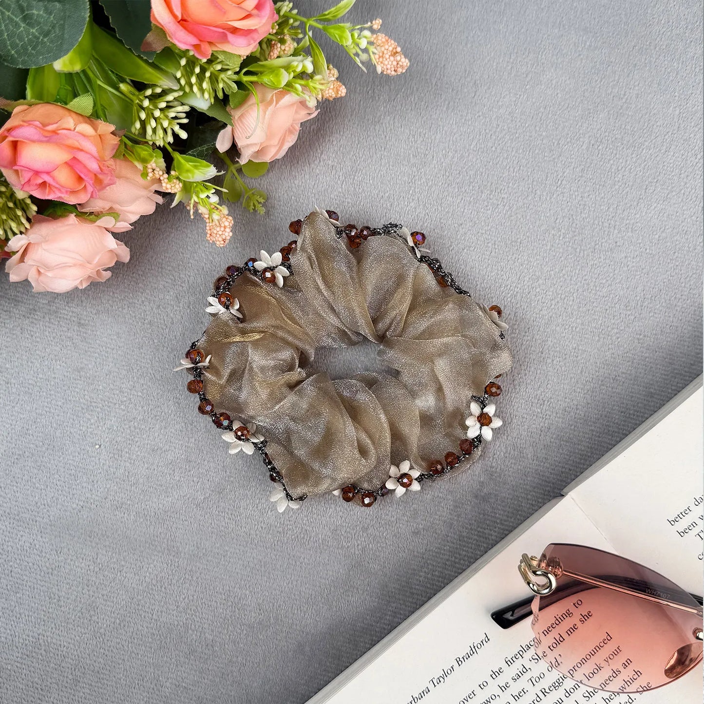 Designer Organza Scrunchie with Beads & Floral Accents – Medium Hair Tie