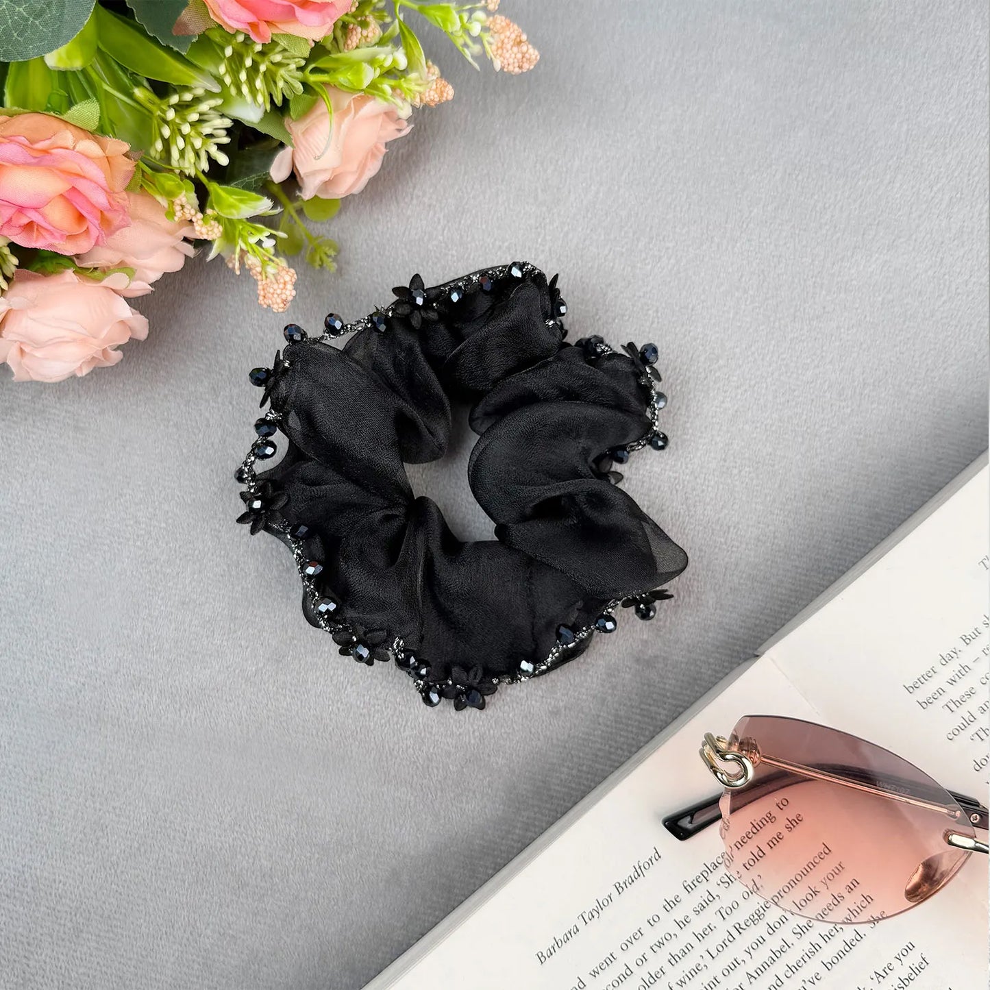 Designer Organza Scrunchie with Beads & Floral Accents – Medium Hair Tie
