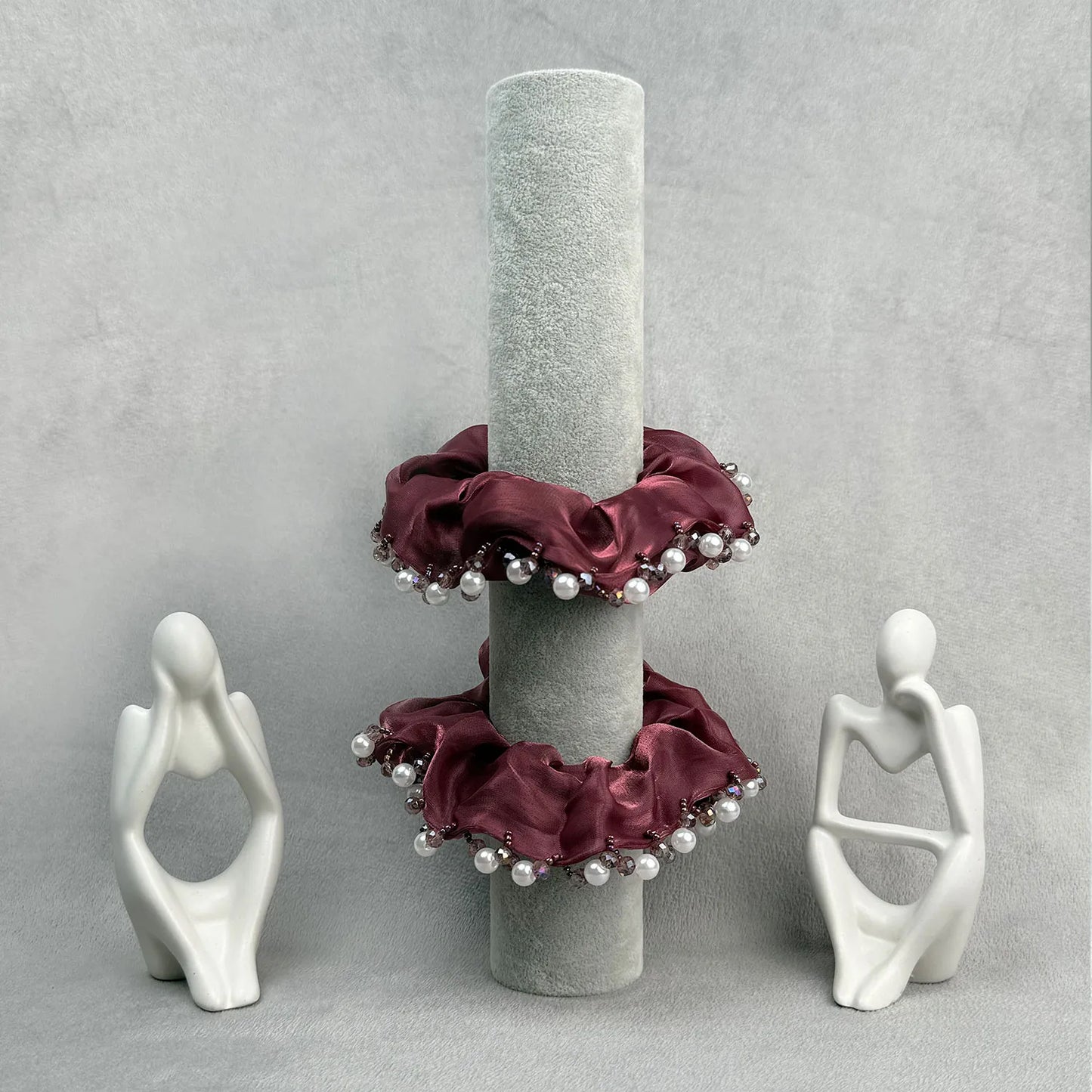 Organza Scrunchie with Pearls & Beads – Medium Embellished Ruffle Hair Tie
