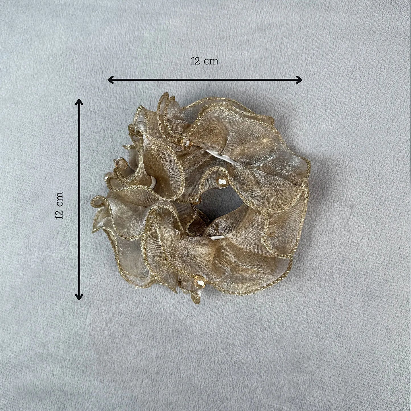 Golden Organza Scrunchie with Crystals – Medium Ruffle Ponytail Holder