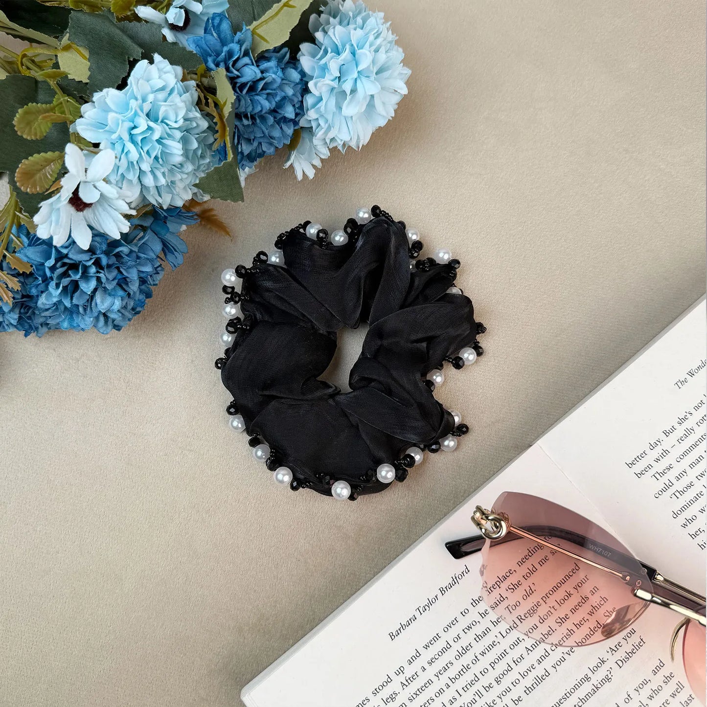 Organza Scrunchie with Pearls & Beads – Medium Embellished Ruffle Hair Tie