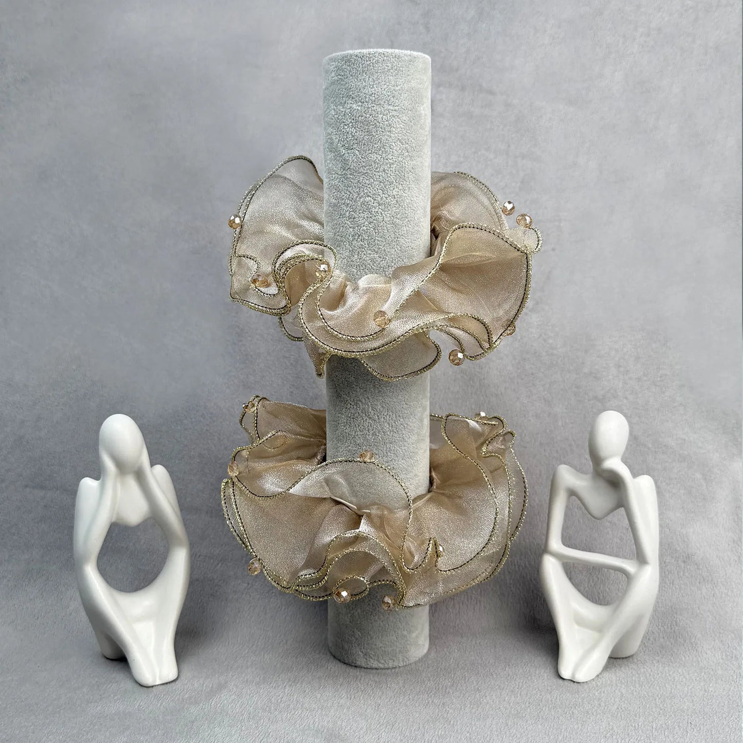 Golden Organza Scrunchie with Crystals – Medium Ruffle Ponytail Holder