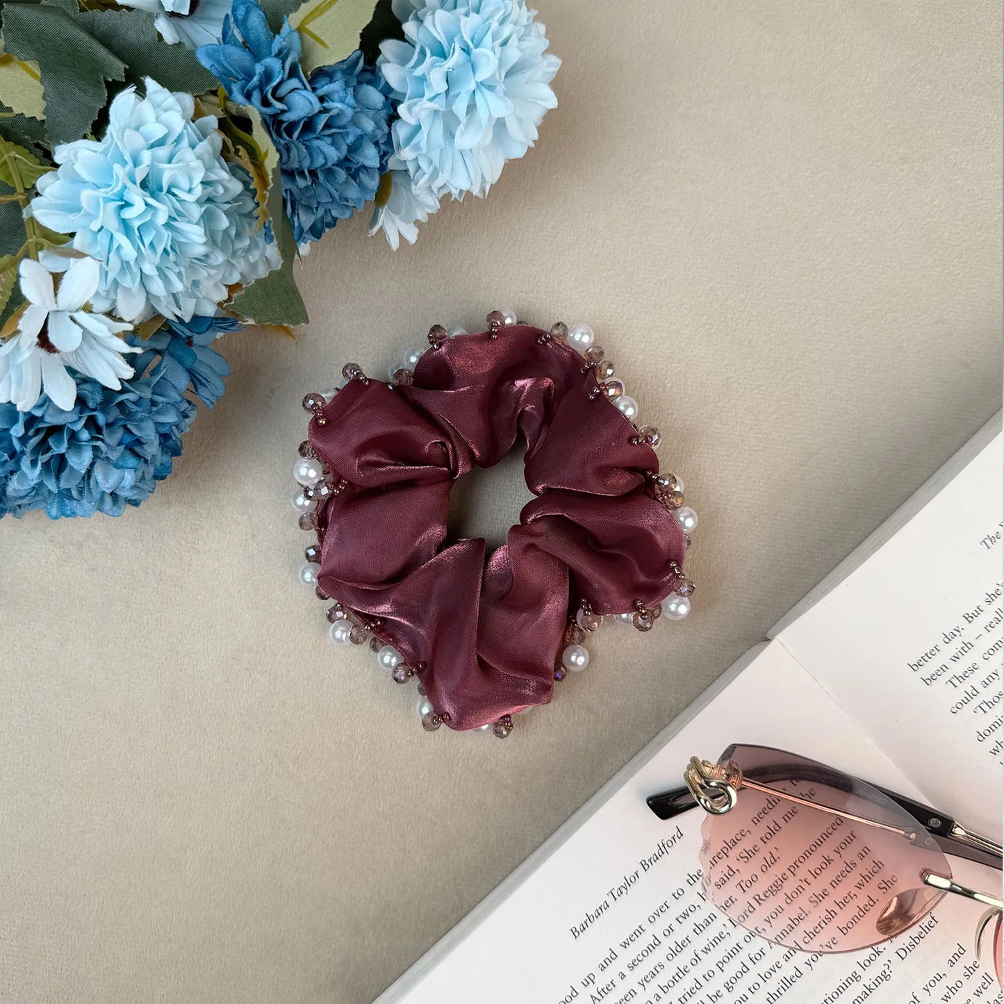 Organza Scrunchie with Pearls & Beads – Medium Embellished Ruffle Hair Tie
