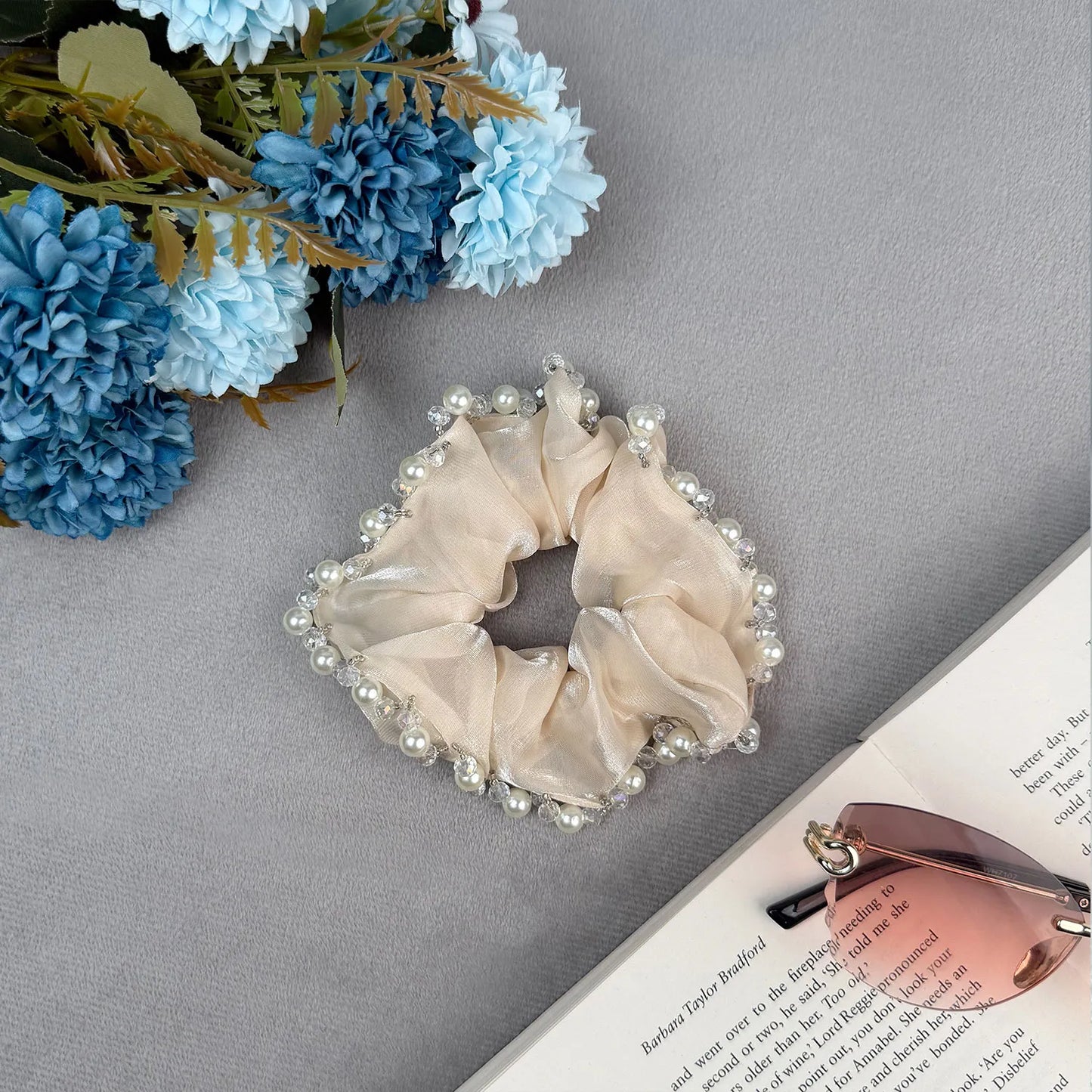 Organza Scrunchie with Pearls & Beads – Medium Embellished Ruffle Hair Tie