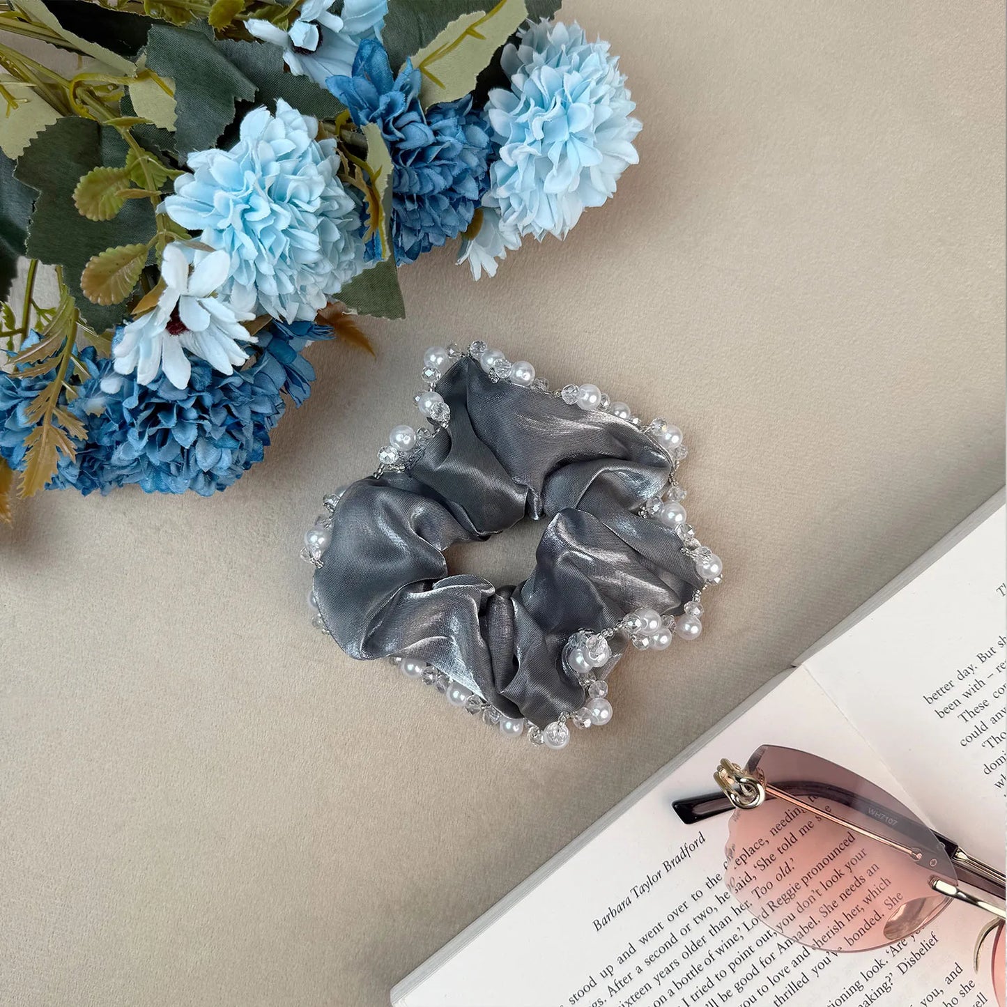 Organza Scrunchie with Pearls & Beads – Medium Embellished Ruffle Hair Tie