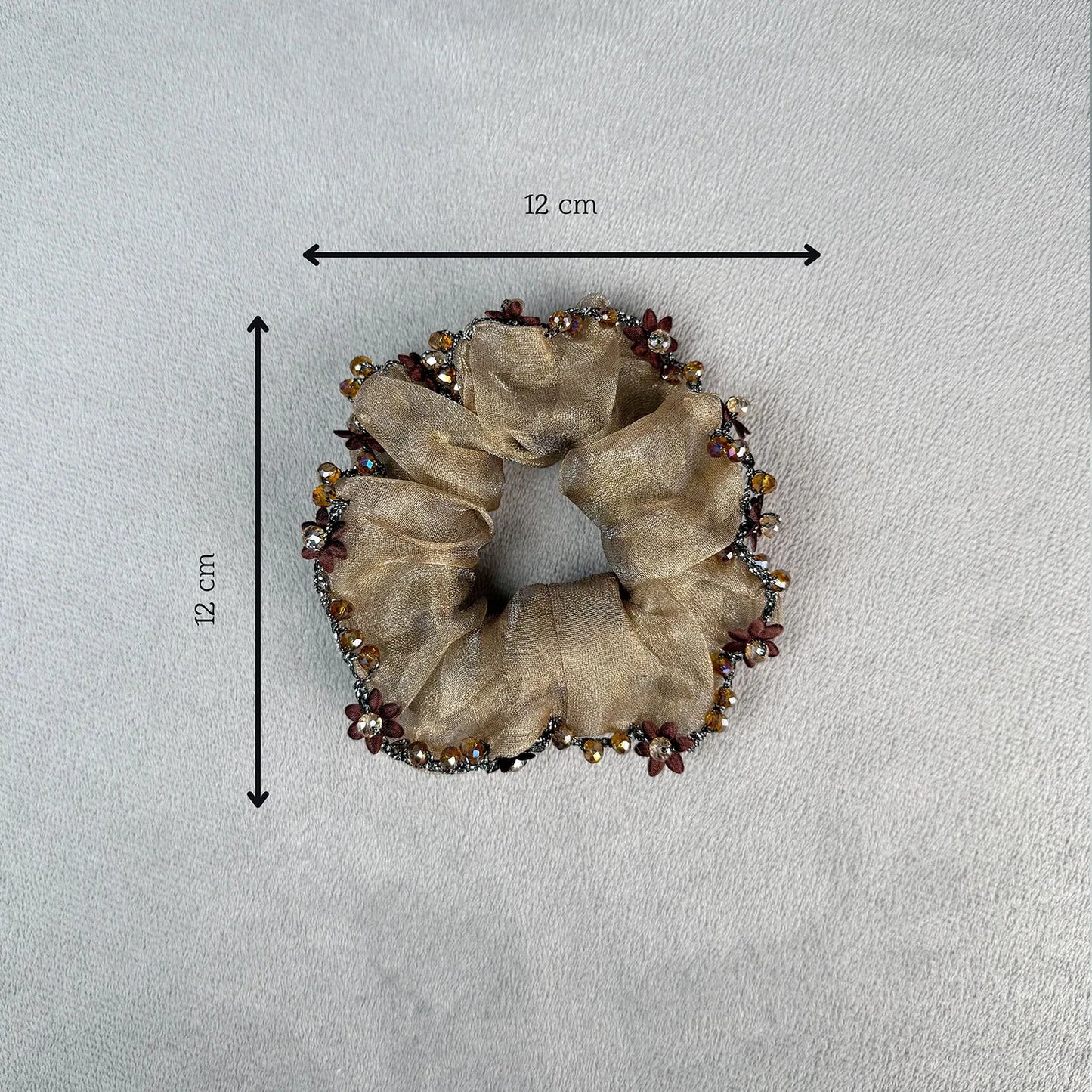 Designer Organza Scrunchie with Beads & Floral Accents – Medium Hair Tie