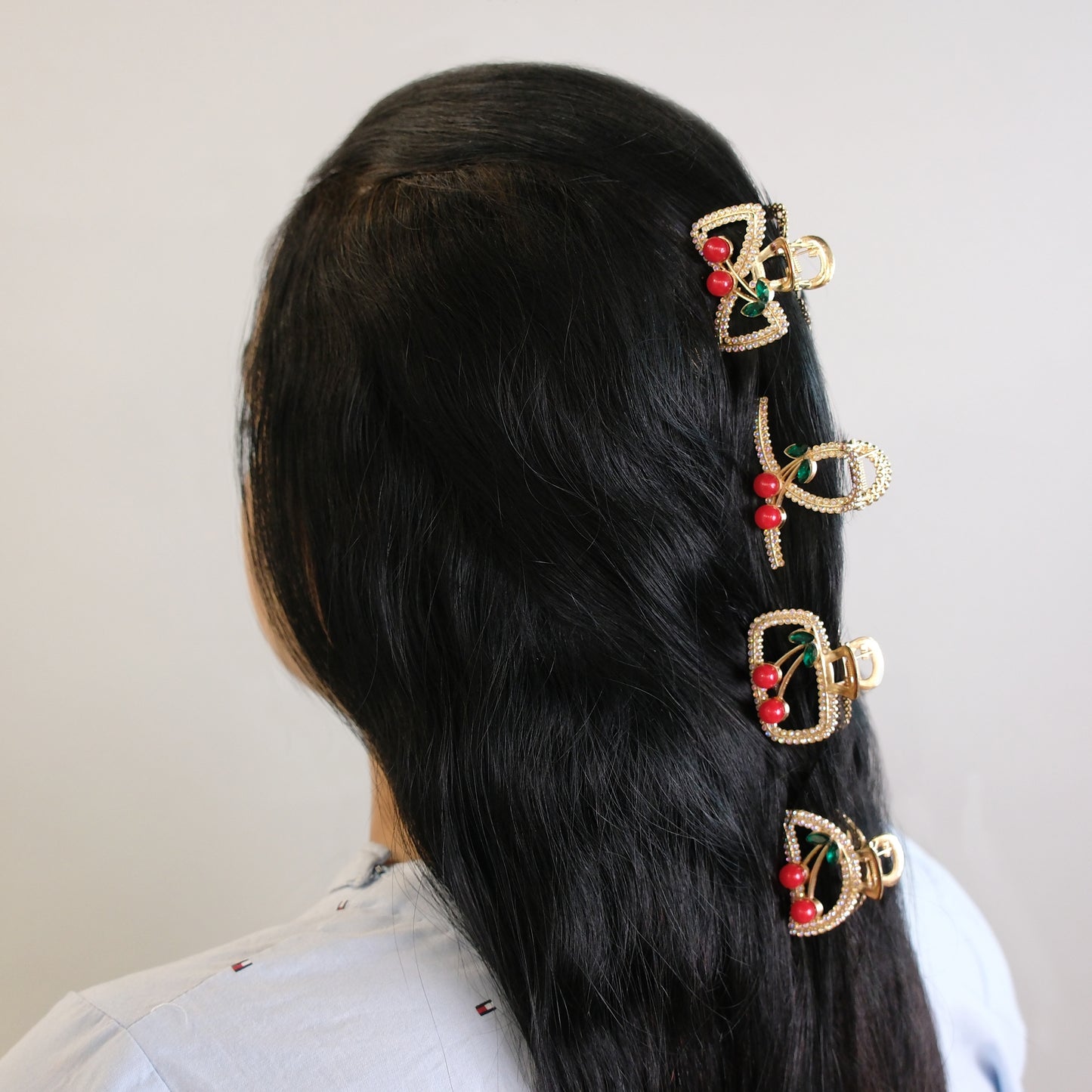 Golden Small Metal Hair Claw Clip – Cherry Stone & Crystal Accents, Combo Deal