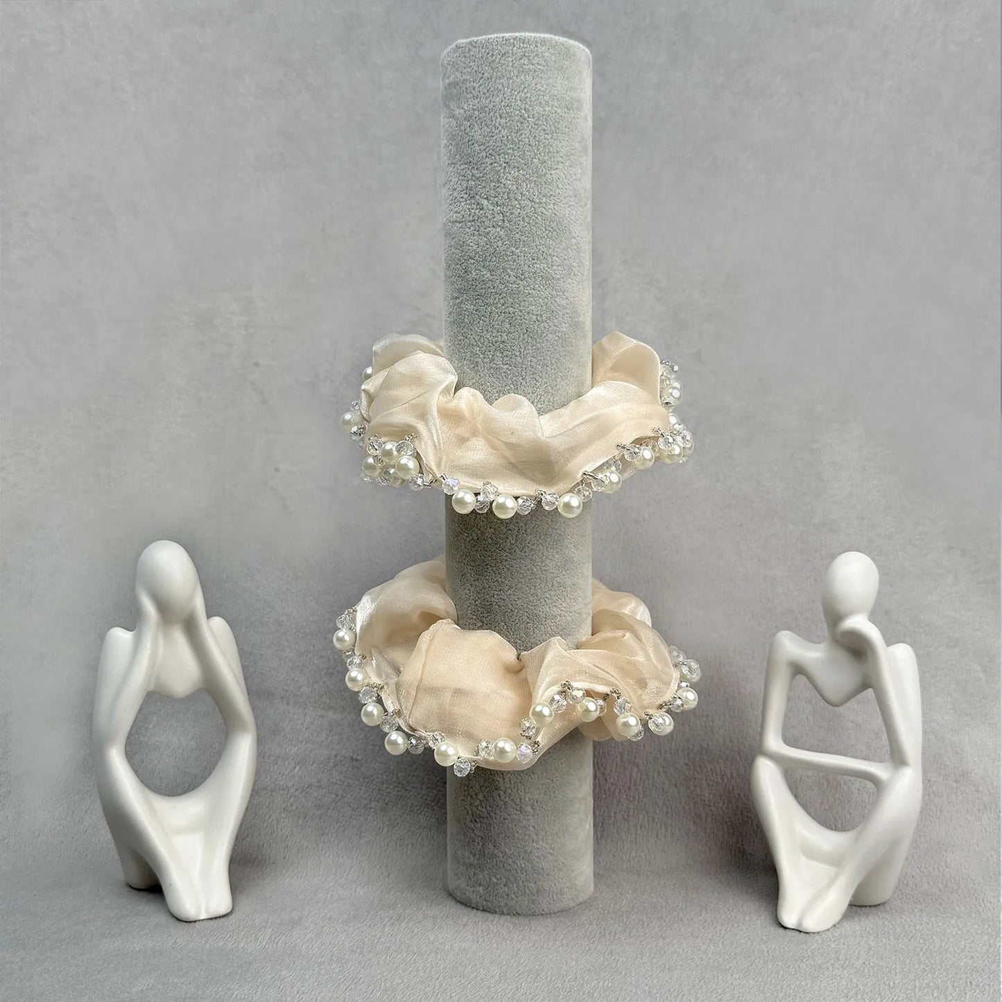 Organza Scrunchie with Pearls & Beads – Medium Embellished Ruffle Hair Tie