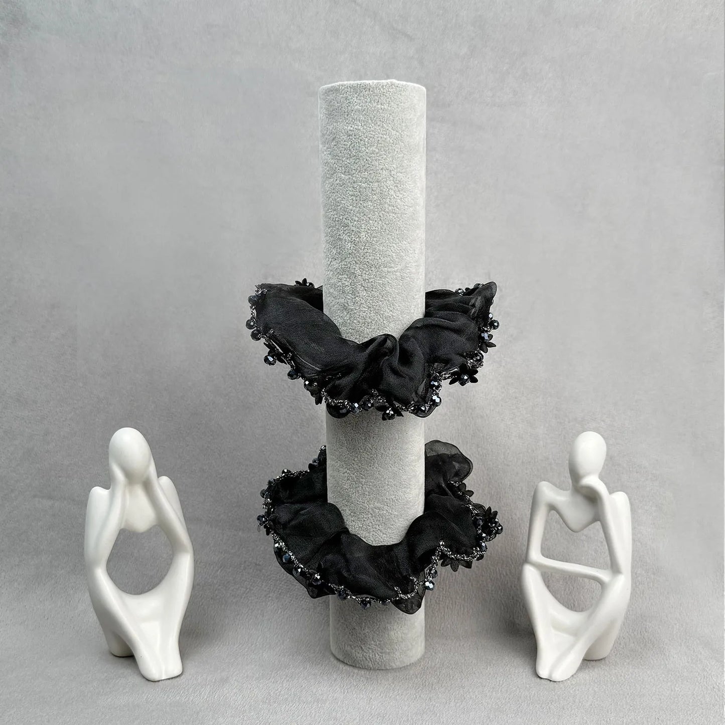 Designer Organza Scrunchie with Beads & Floral Accents – Medium Hair Tie