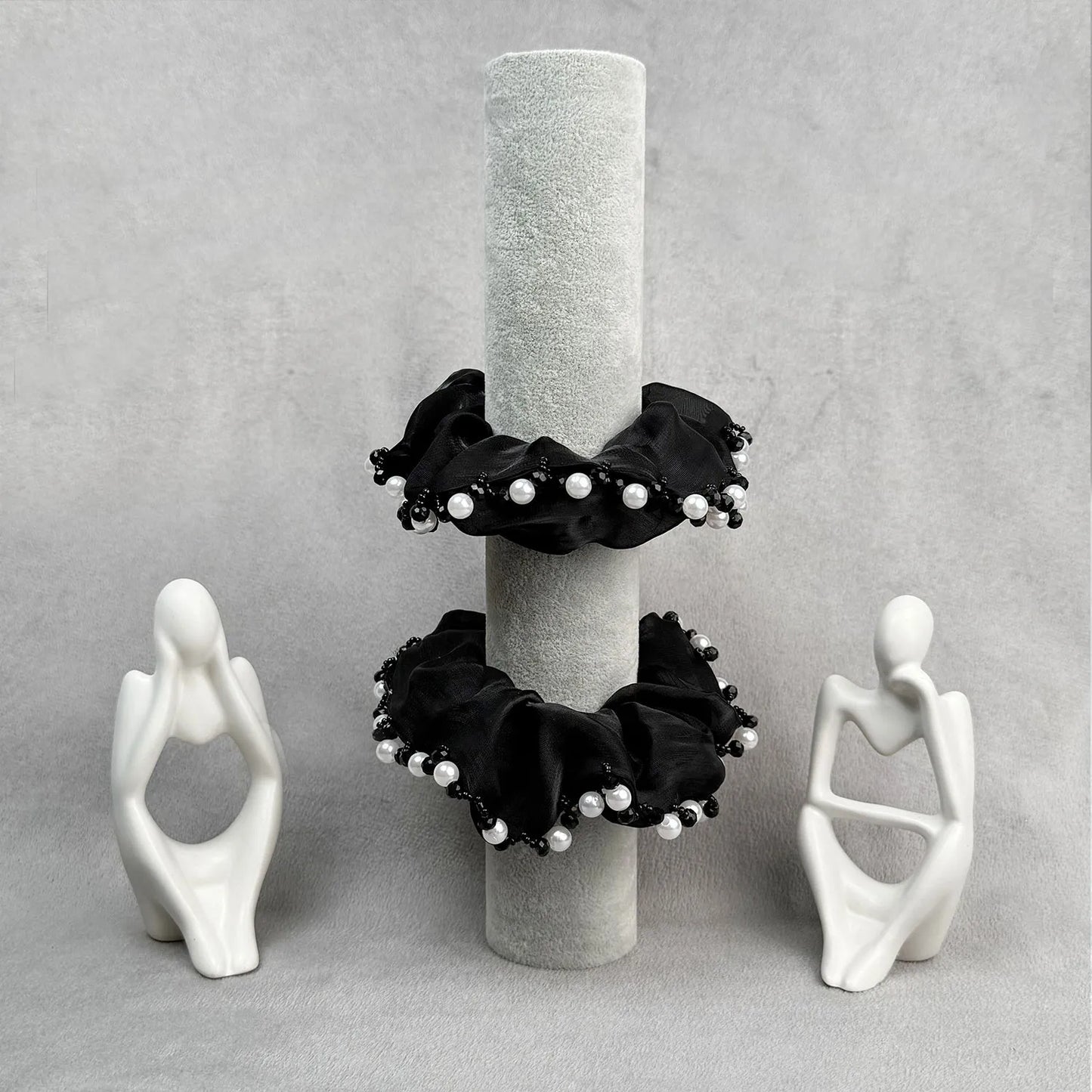 Organza Scrunchie with Pearls & Beads – Medium Embellished Ruffle Hair Tie