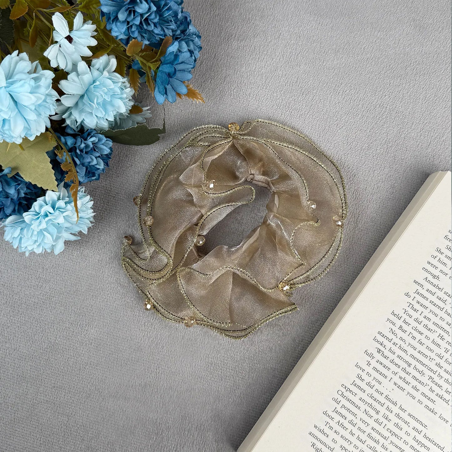 Golden Organza Scrunchie with Crystals – Medium Ruffle Ponytail Holder