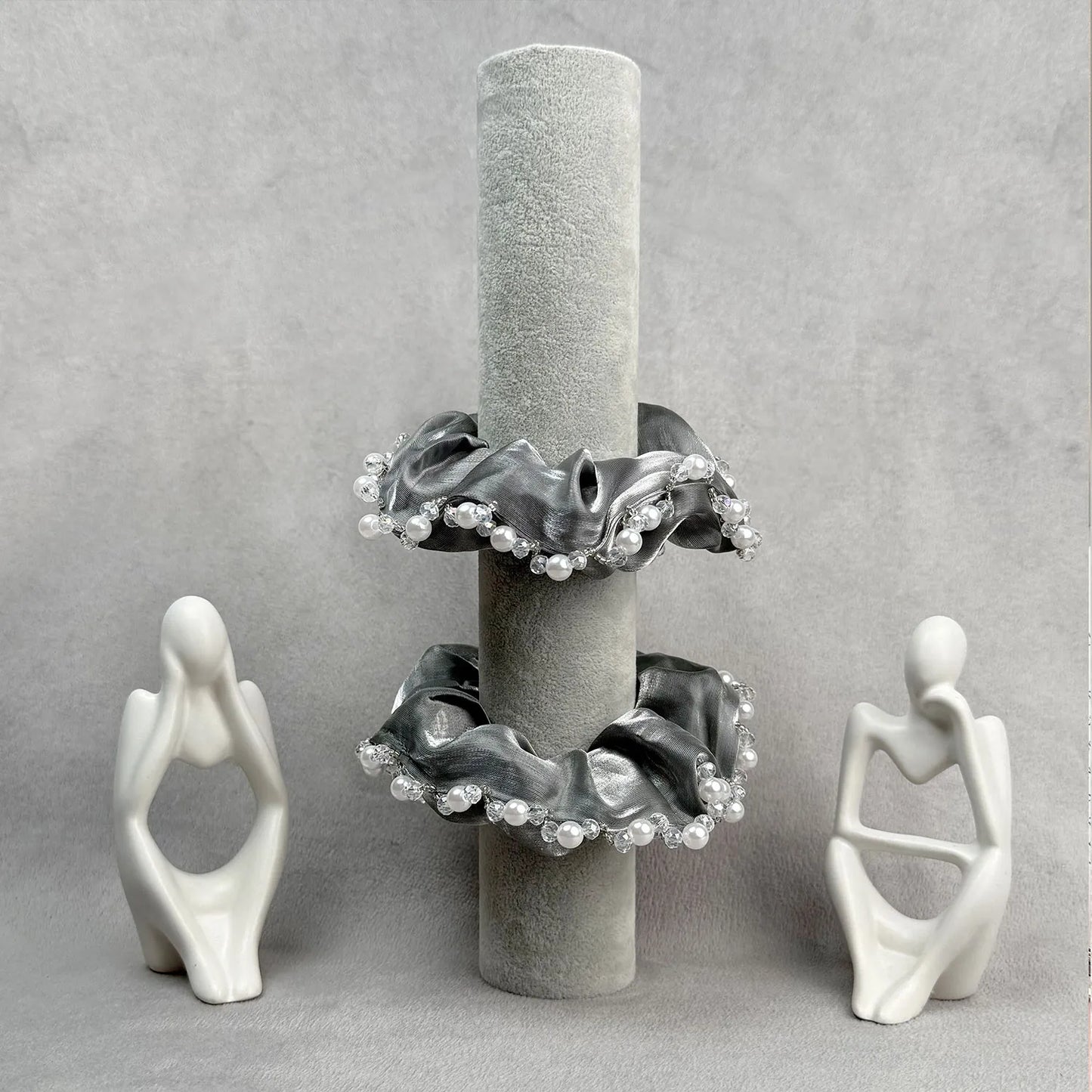 Organza Scrunchie with Pearls & Beads – Medium Embellished Ruffle Hair Tie