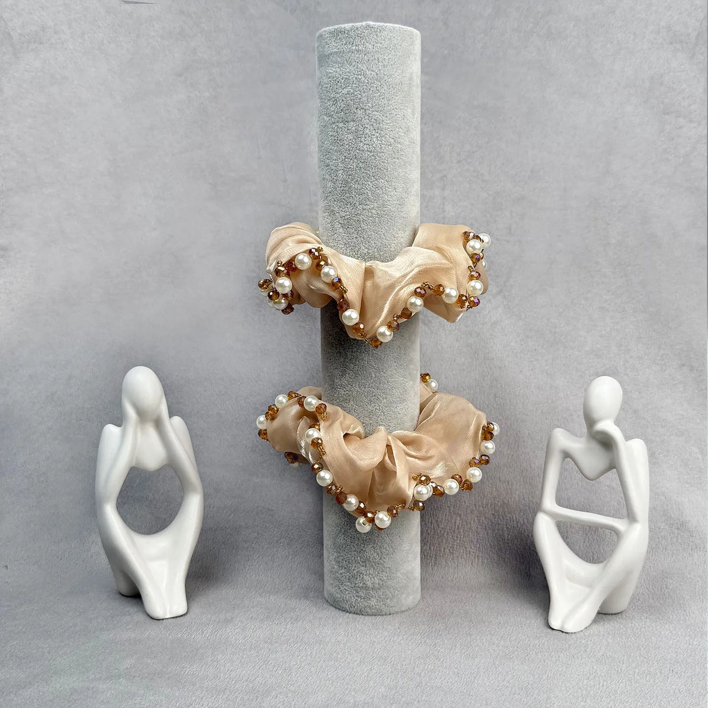 Organza Scrunchie with Pearls & Beads – Medium Embellished Ruffle Hair Tie