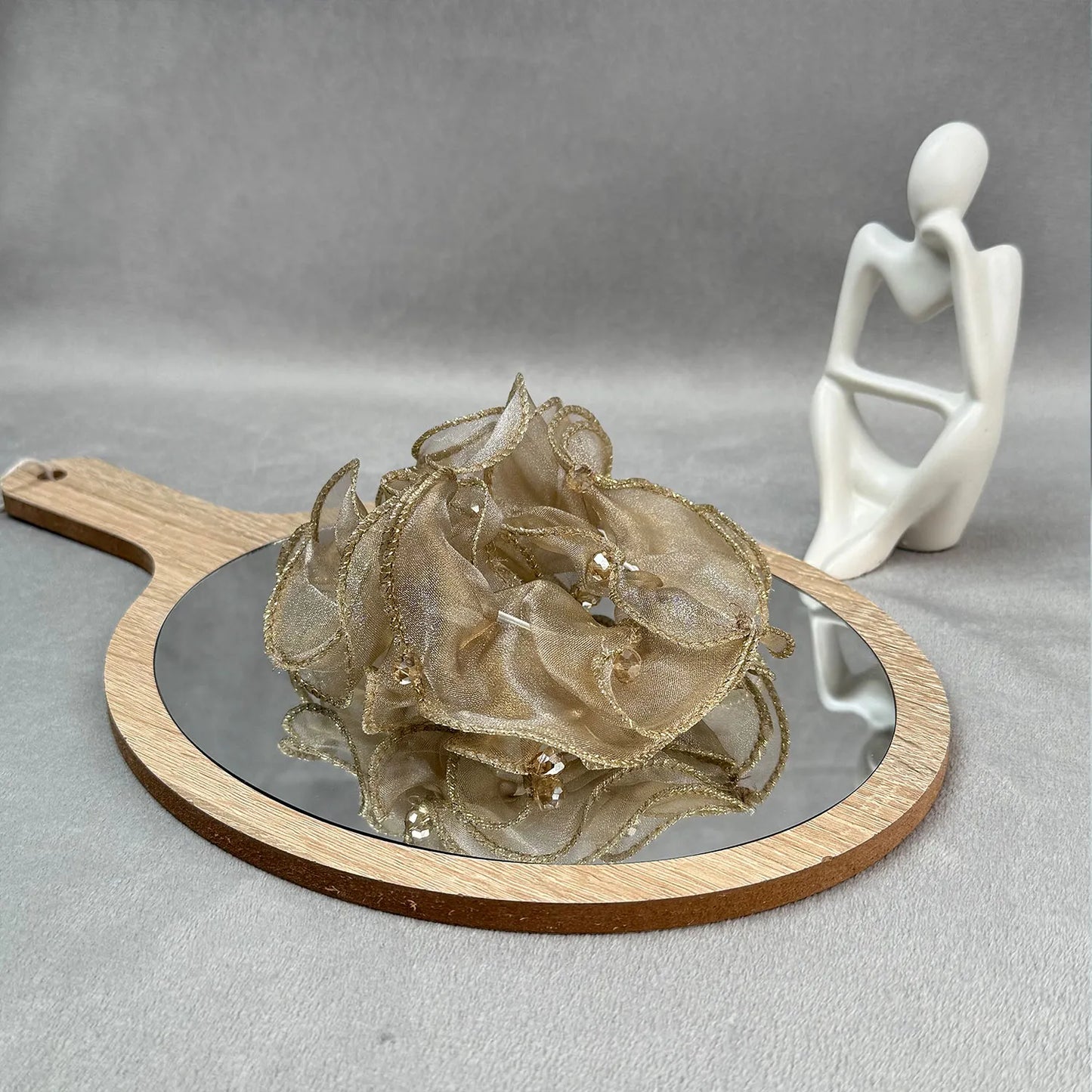 Golden Organza Scrunchie with Crystals – Medium Ruffle Ponytail Holder