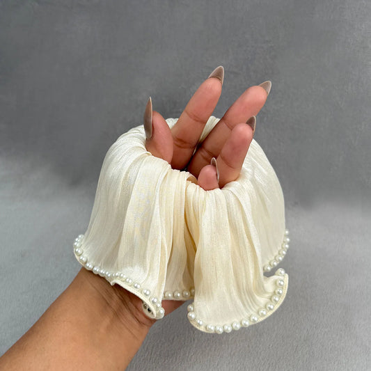 Silk Satin Pearl Scrunchie – Elegant Ruffle Hair Tie Ponytail Holder