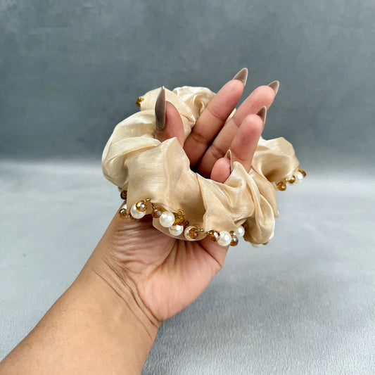 Organza Scrunchie with Pearls & Beads – Medium Embellished Ruffle Hair Tie