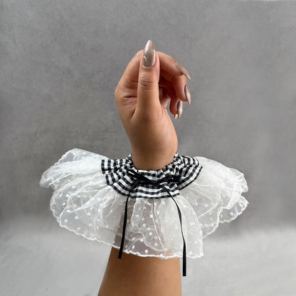 Cotton & Lace Scrunchie with Gingham Band – Double Layered Ruffle Hair Tie