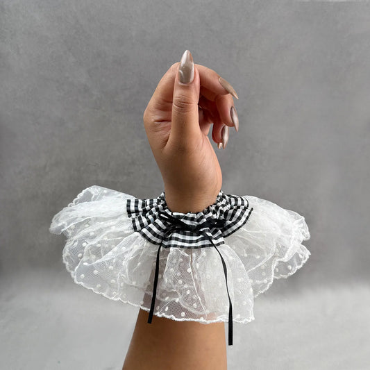 Cotton & Lace Scrunchie with Gingham Band – Double Layered Ruffle Hair Tie
