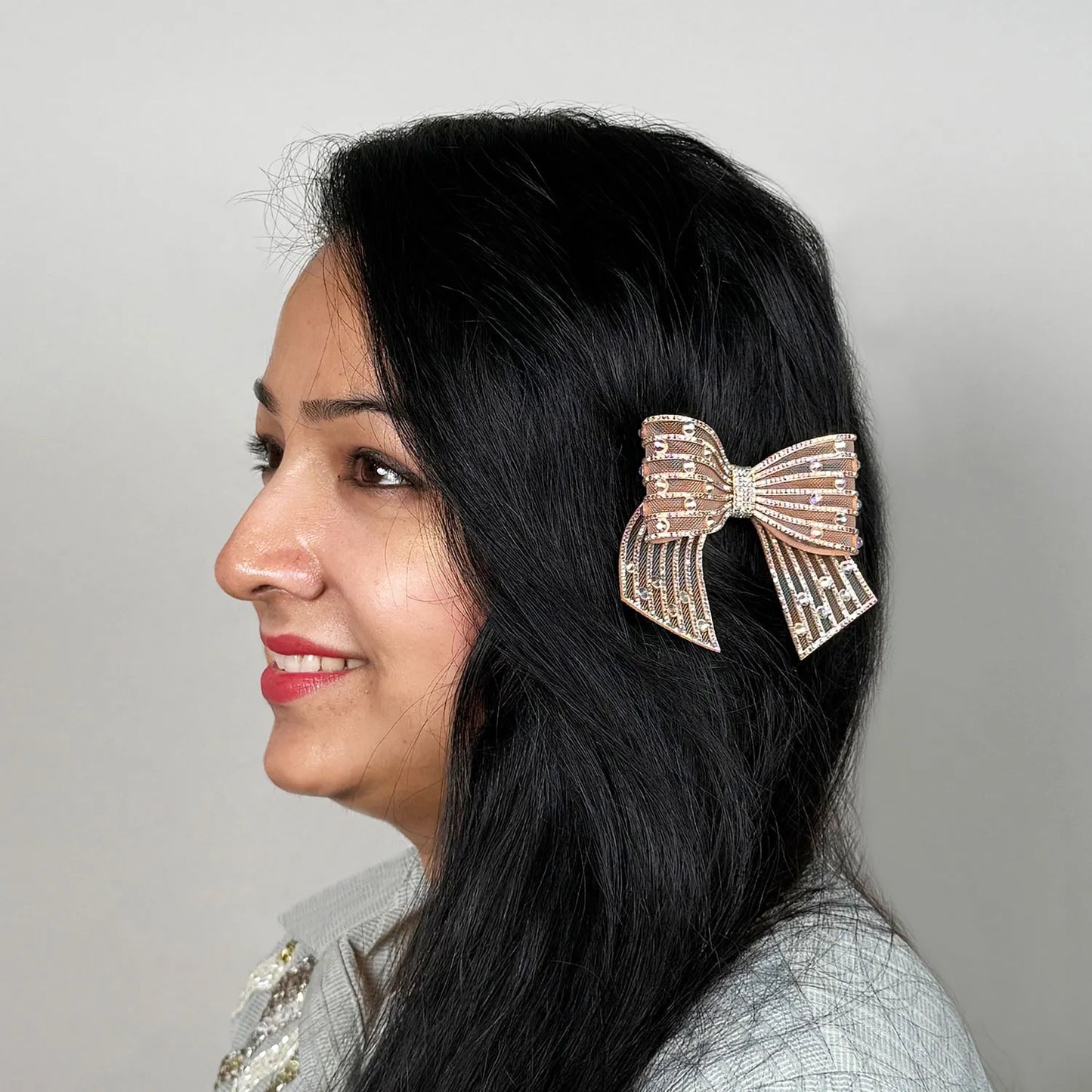 Handmade Embellished Small Hair Bow – Rhinestone Stiff Tissue Net Clip