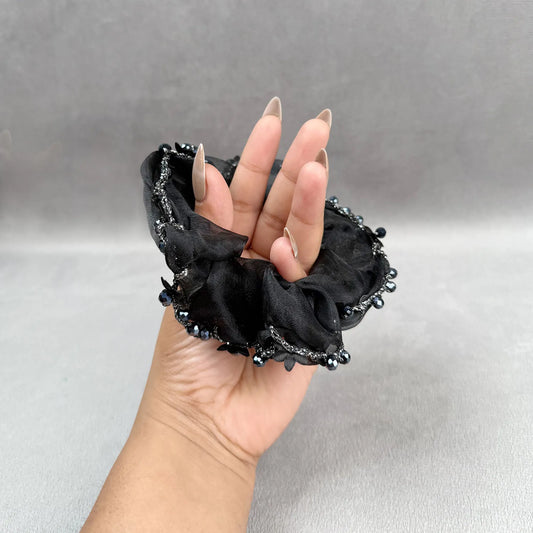 Designer Organza Scrunchie with Beads & Floral Accents – Medium Hair Tie