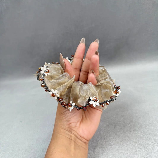 Designer Organza Scrunchie with Beads & Floral Accents – Medium Hair Tie
