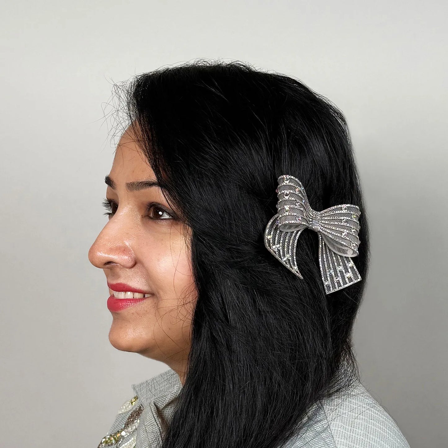 Handmade Embellished Small Hair Bow – Rhinestone Stiff Tissue Net Clip