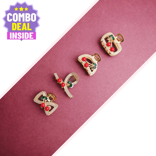 Golden Small Metal Hair Claw Clip – Cherry Stone & Crystal Accents, Combo Deal