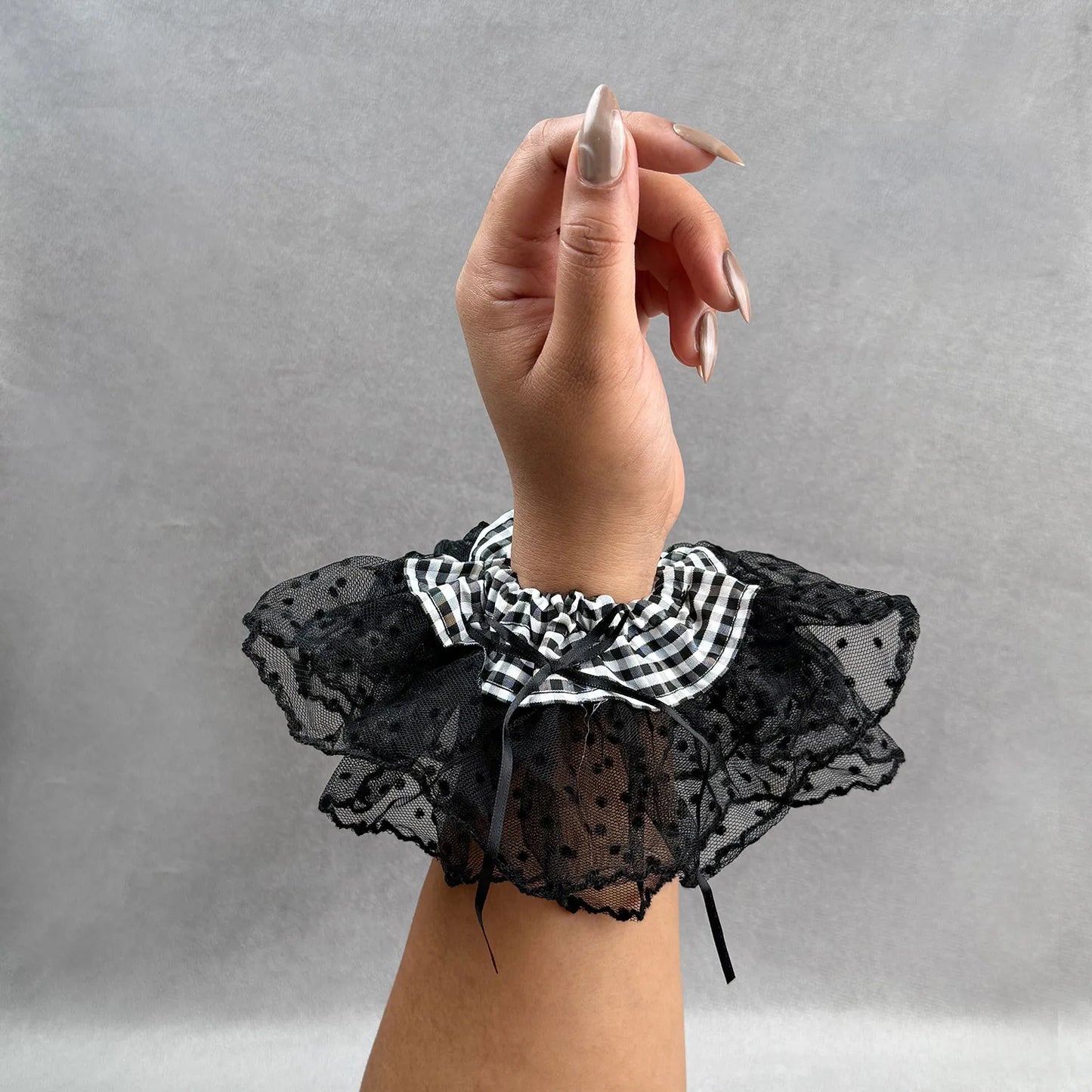 Cotton & Lace Scrunchie with Gingham Band – Double Layered Ruffle Hair Tie