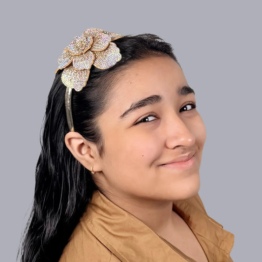 Handmade Embellished Flower Hairband – Golden Rhinestone Finish