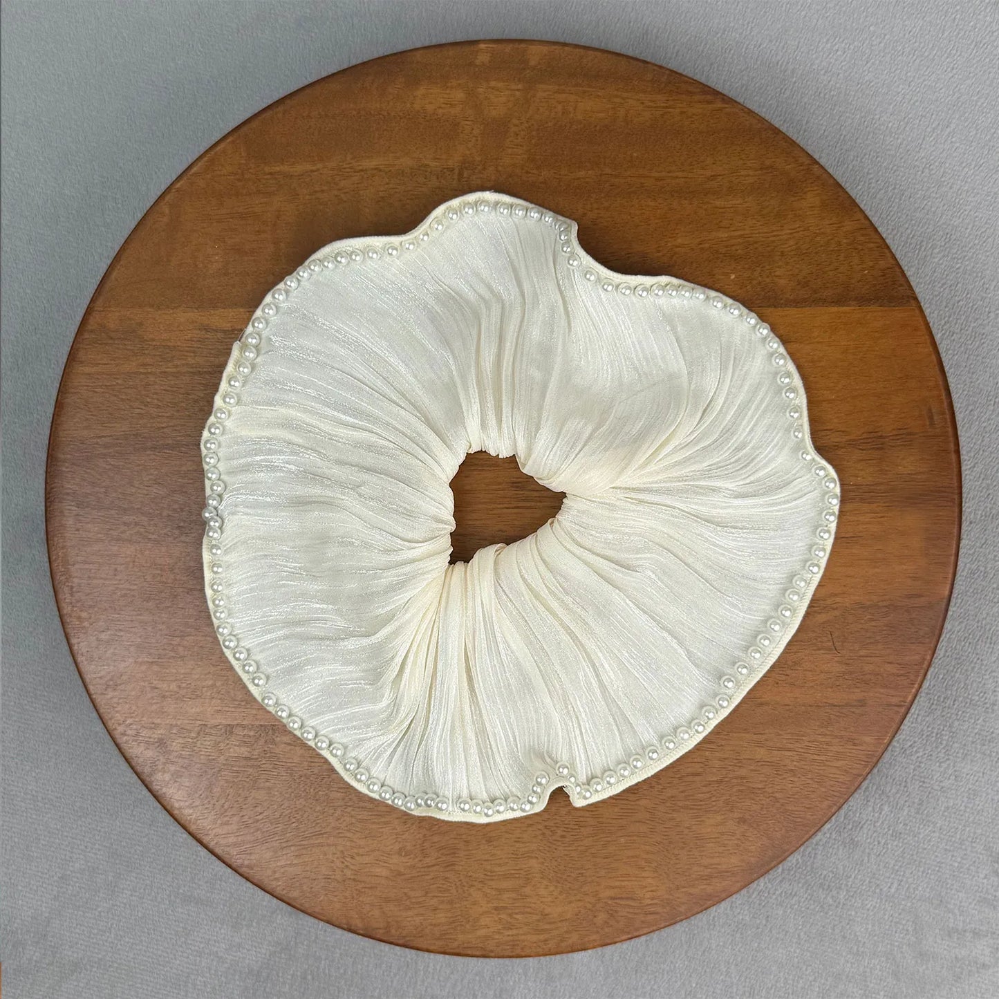 Silk Satin Pearl Scrunchie – Elegant Ruffle Hair Tie Ponytail Holder