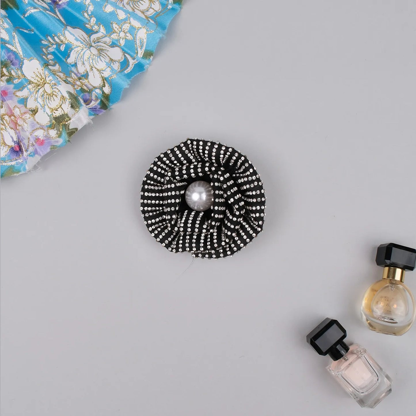 Hand-Embellished Floral Rhinestone Hair Clip with Pearl Center – Georgette Base