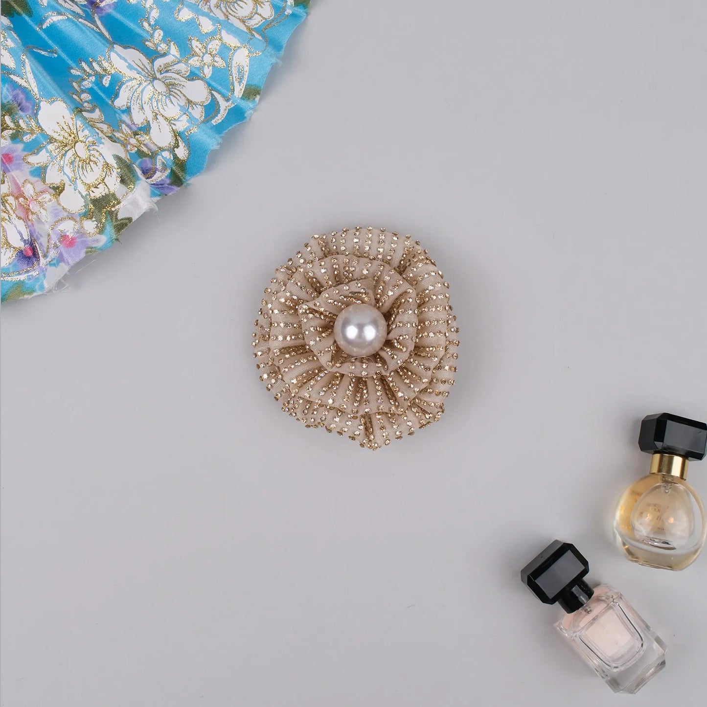 Hand-Embellished Floral Rhinestone Hair Clip with Pearl Center – Georgette Base