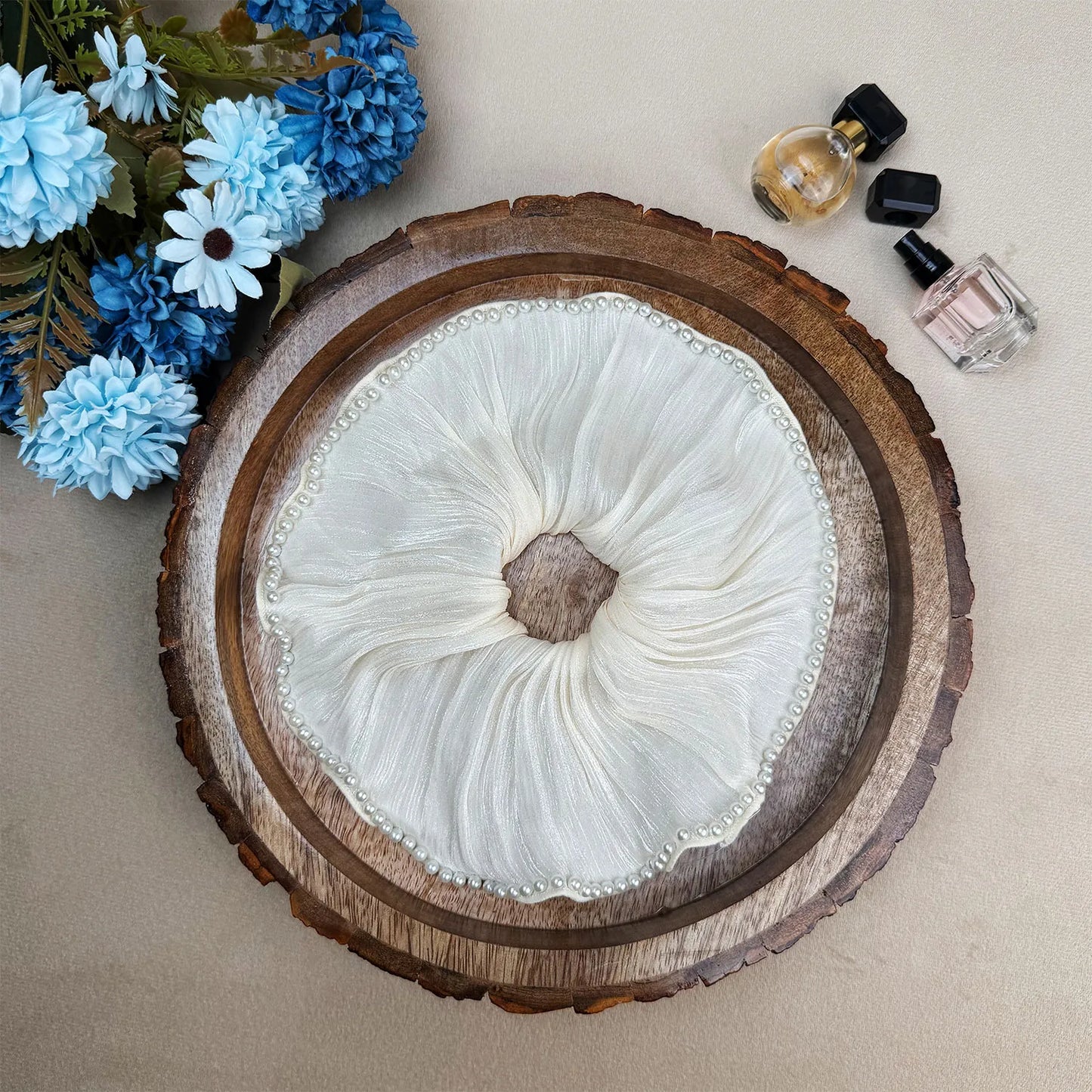 Silk Satin Pearl Scrunchie – Elegant Ruffle Hair Tie Ponytail Holder