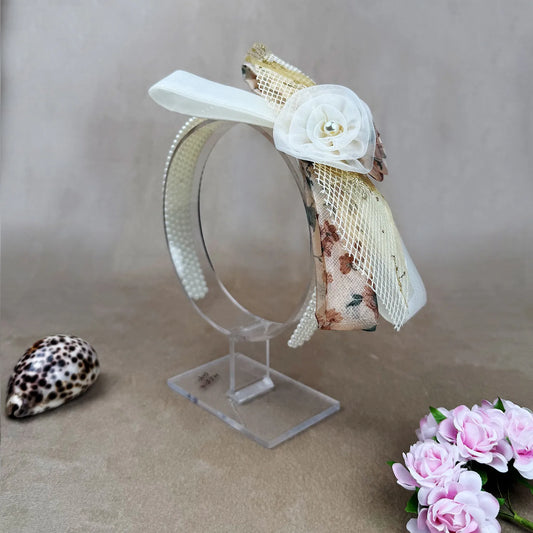 Handmade Dual-Tone Rose Fascinator Hairband with Pearl & Net Detailing