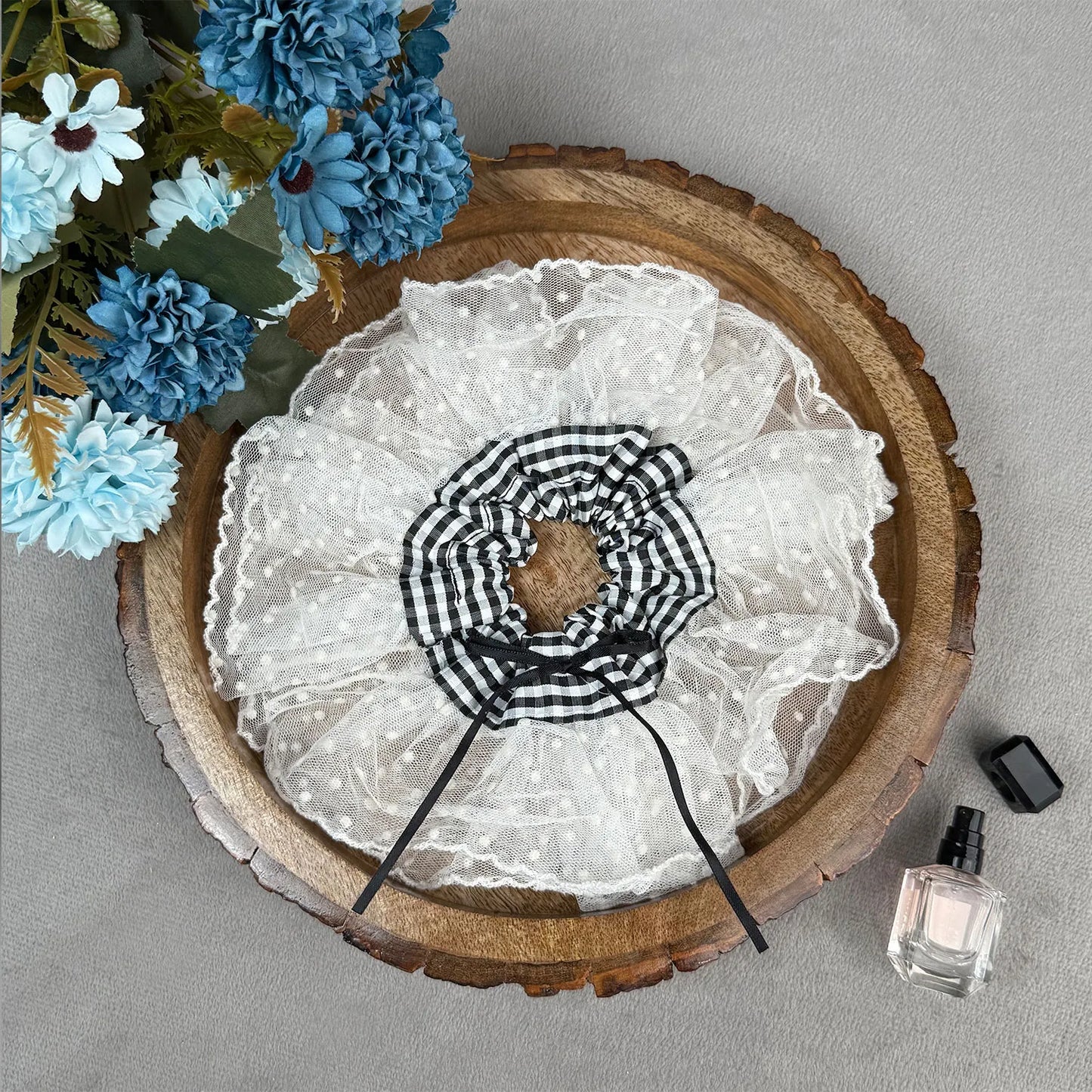 Cotton & Lace Scrunchie with Gingham Band – Double Layered Ruffle Hair Tie