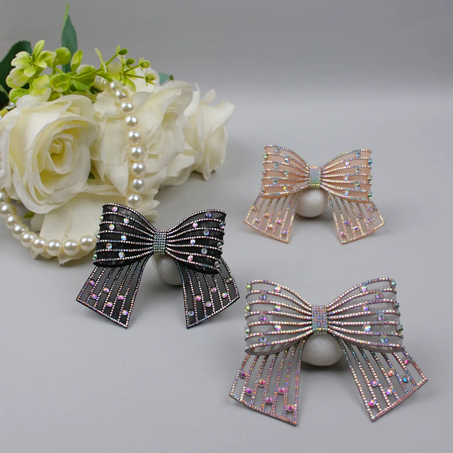 Embellished Small Hair Bow – Rhinestone Stiff Tissue Net Clip