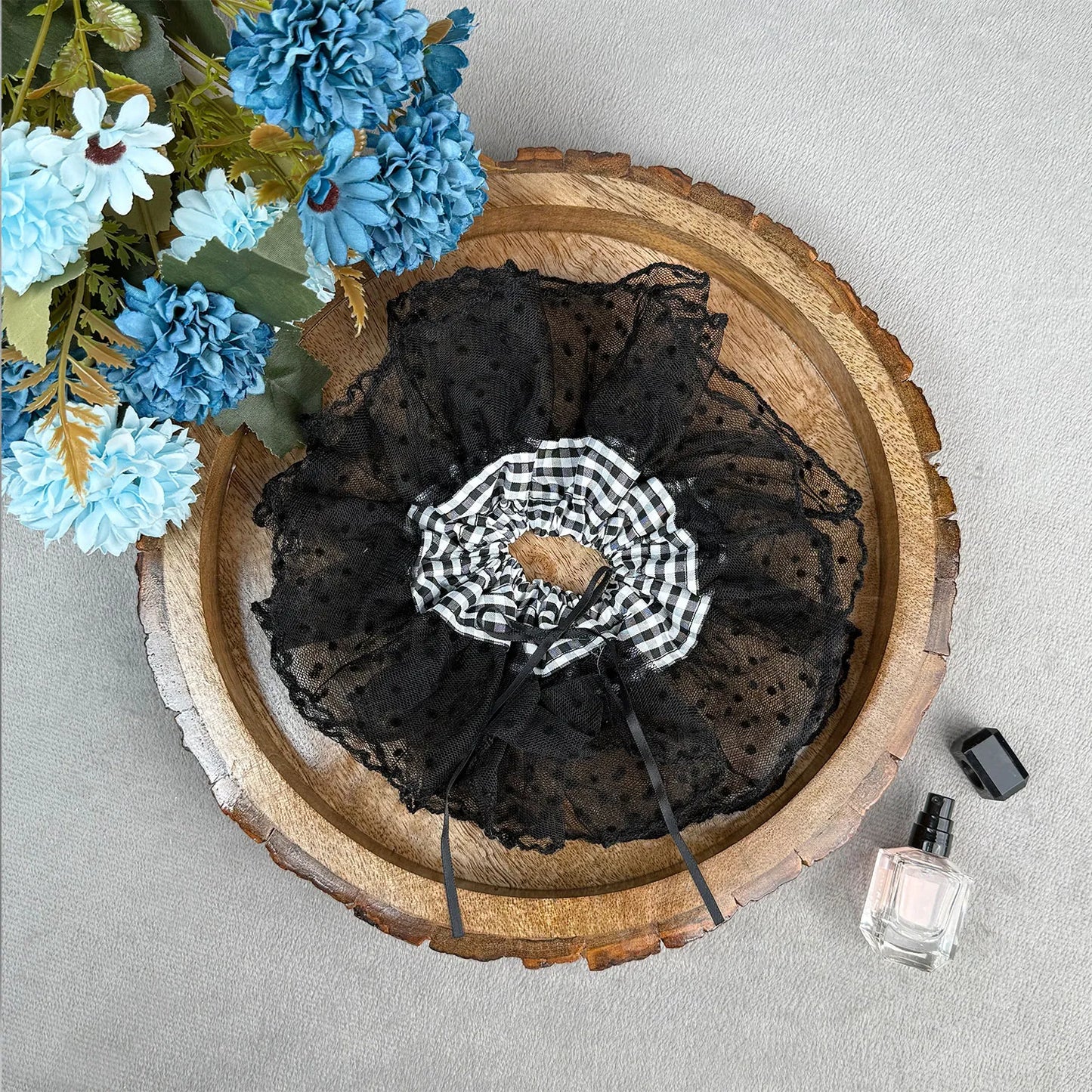 Cotton & Lace Scrunchie with Gingham Band – Double Layered Ruffle Hair Tie