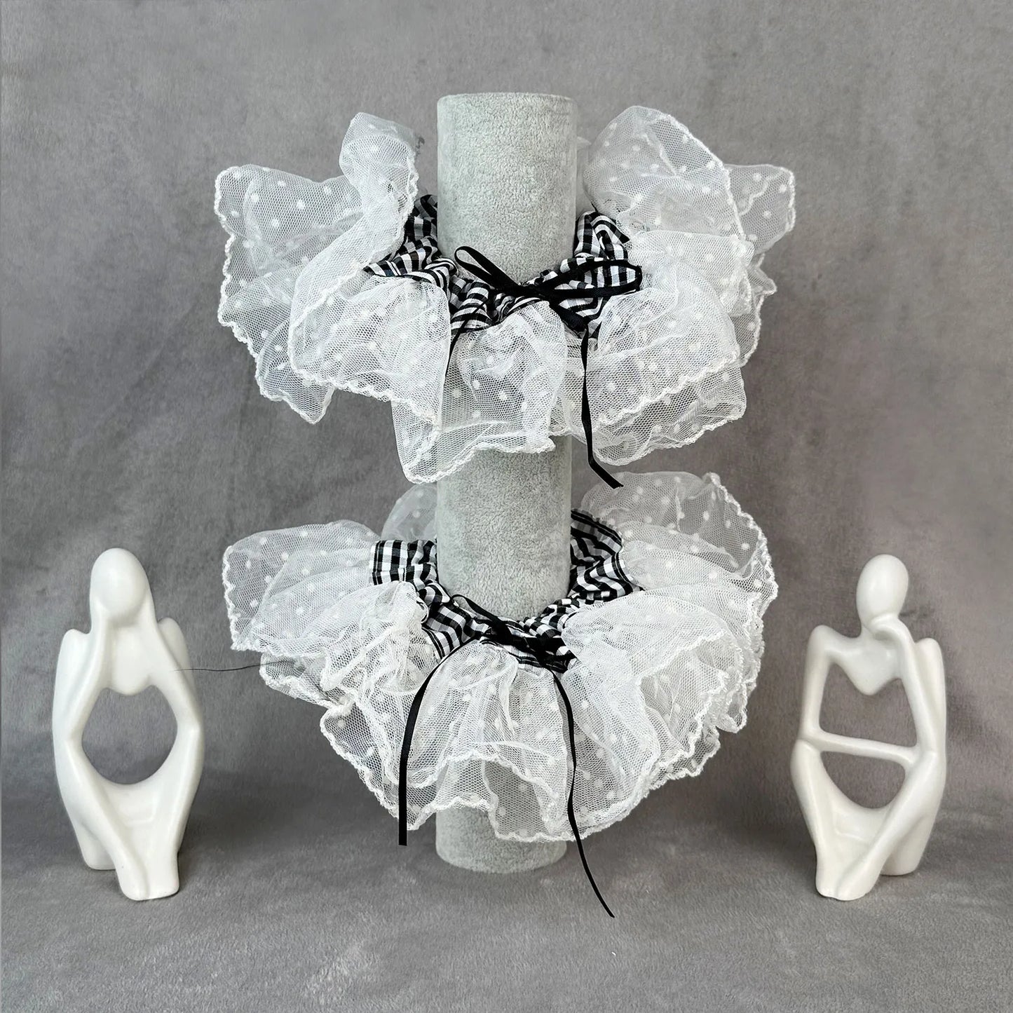 Cotton & Lace Scrunchie with Gingham Band – Double Layered Ruffle Hair Tie