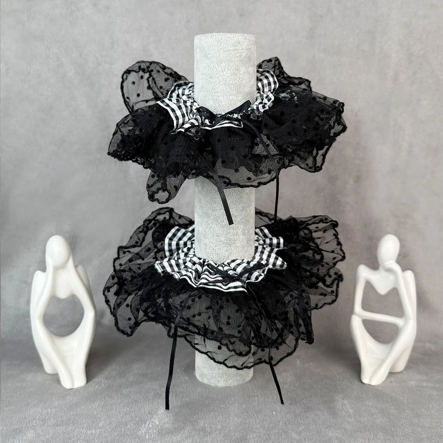 Cotton & Lace Scrunchie with Gingham Band – Double Layered Ruffle Hair Tie