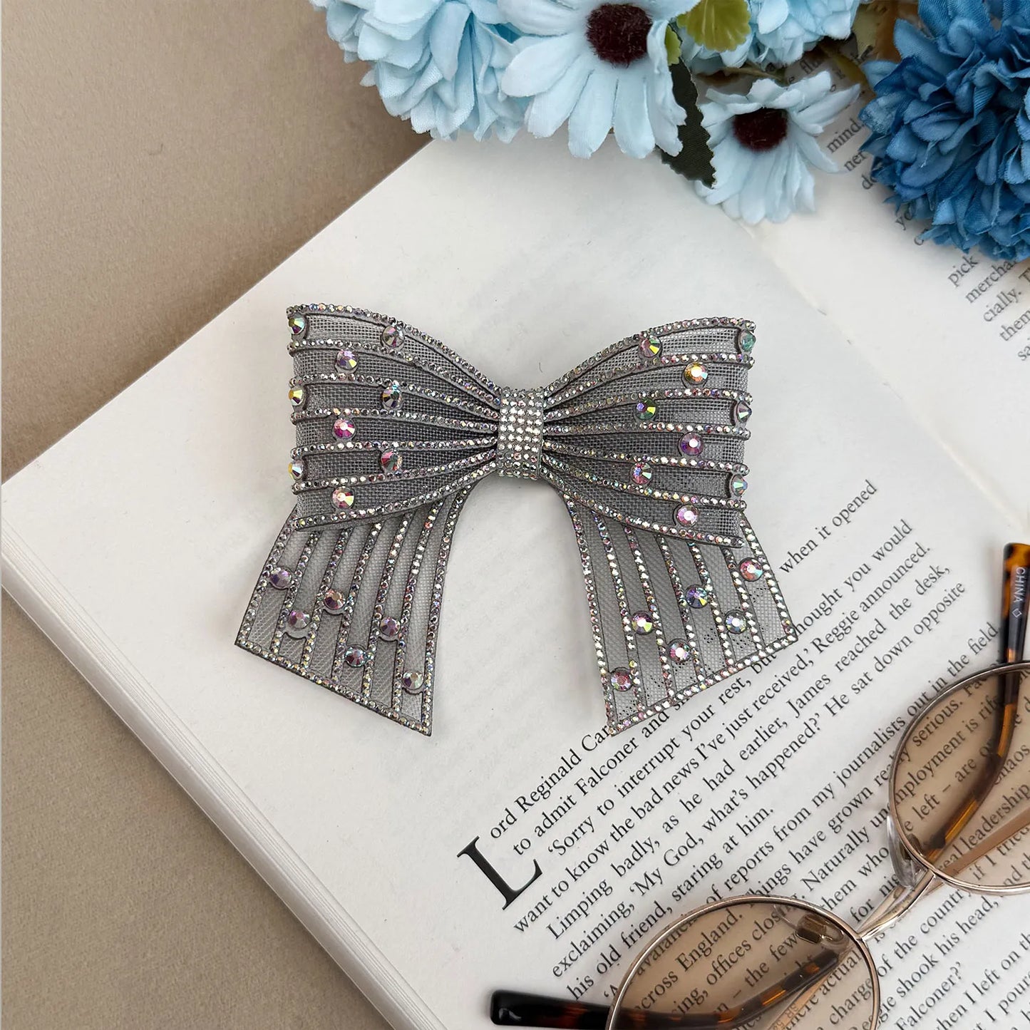 Handmade Embellished Small Hair Bow – Rhinestone Stiff Tissue Net Clip