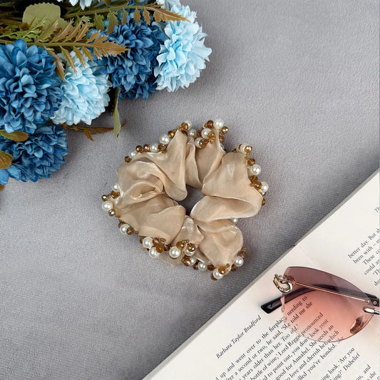 Organza Scrunchie with Pearls & Beads – Medium Embellished Ruffle Hair Tie